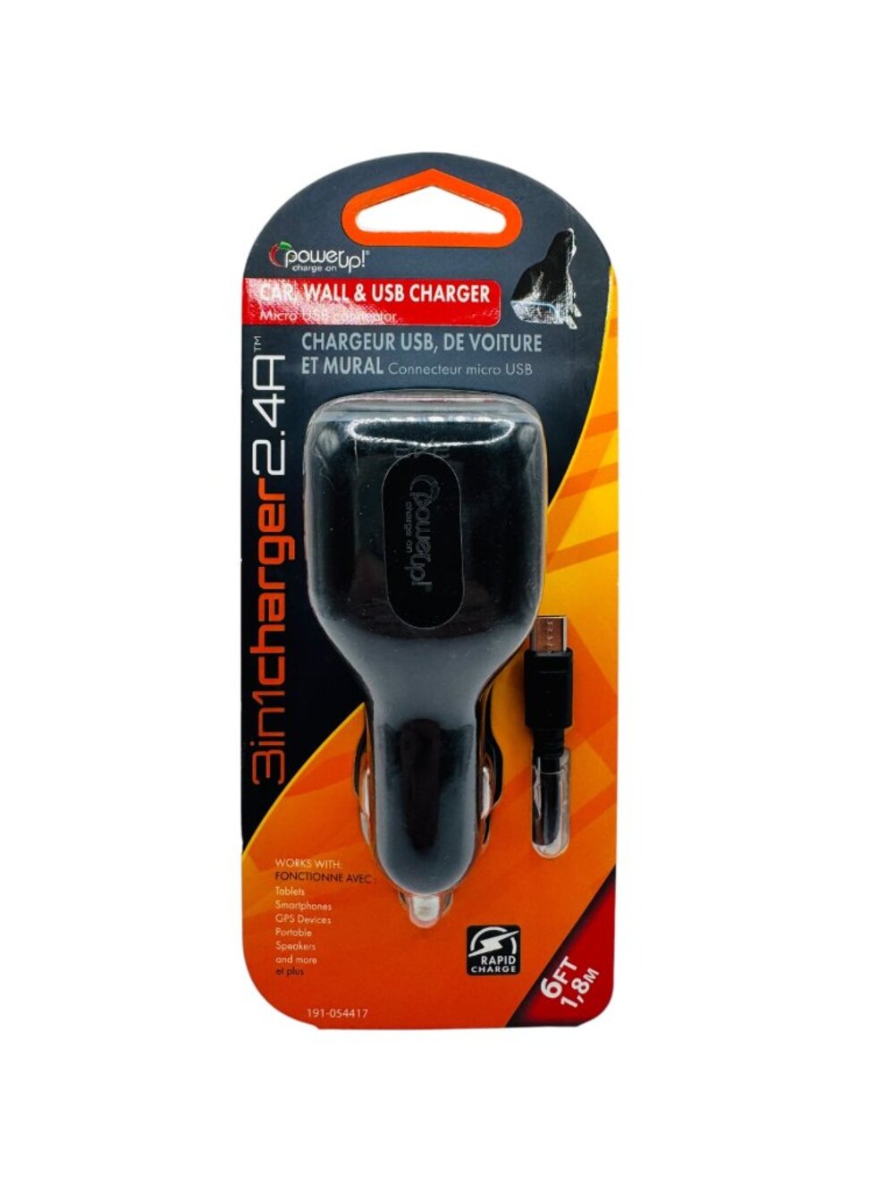 PowerUp 3-In-1 Car Wall USB Charger 2.4A With 6Ft Micro USB Cable Rapid Charge D